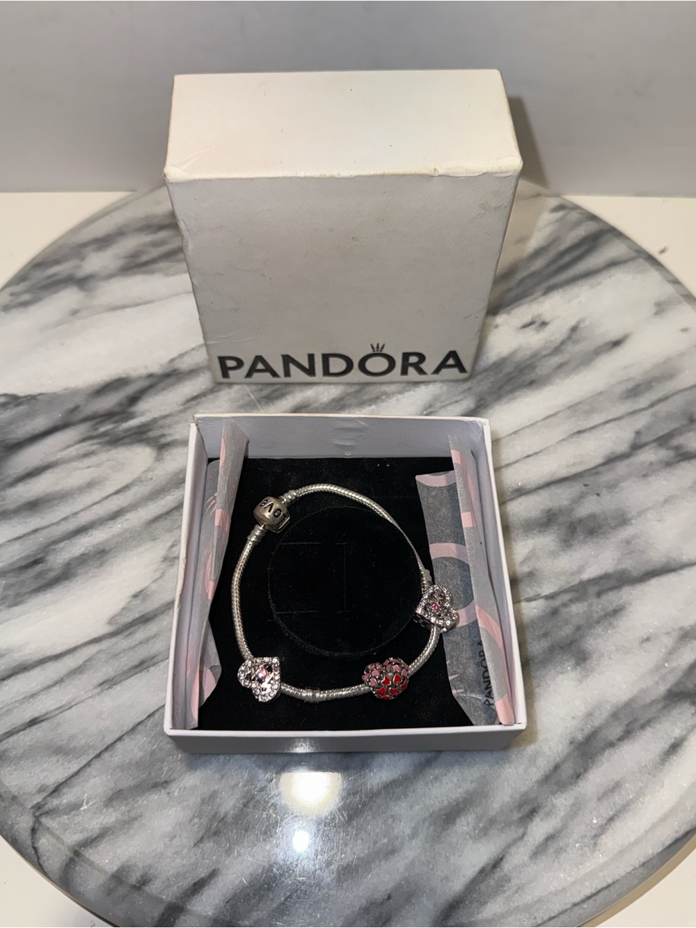 Authentic Pandora Sterling Silver Snake Bracelet With Three Heart ❤️ Charms